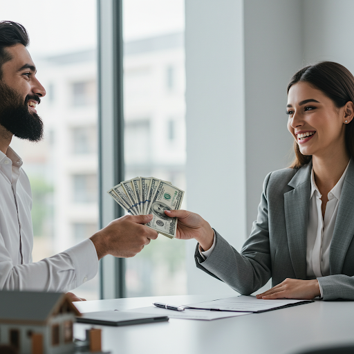 Handing person cash representing how to pay commissions to real estate agents