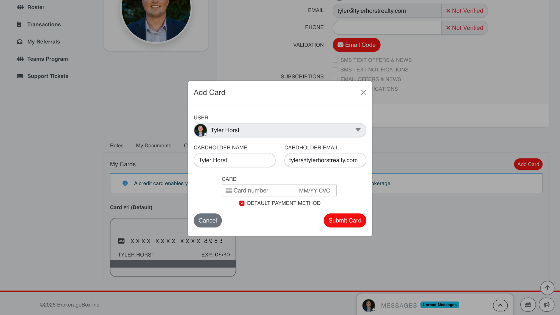 BrokerageBox Add Credit Card for Agents