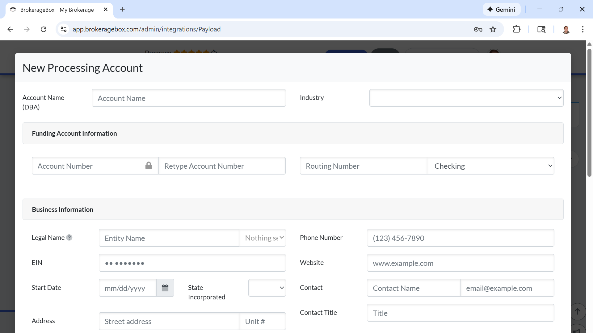 Bank account form for direct deposits on BrokerageBox platform