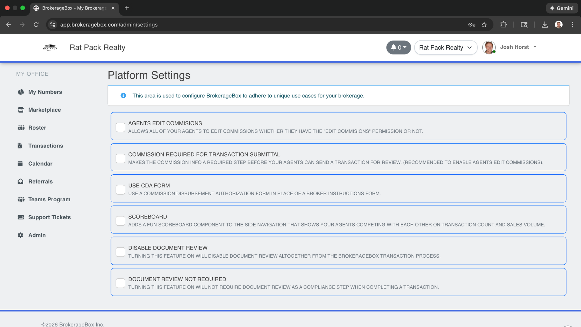 Changing platform settings to finish setting up account on the BrokerageBox platform
