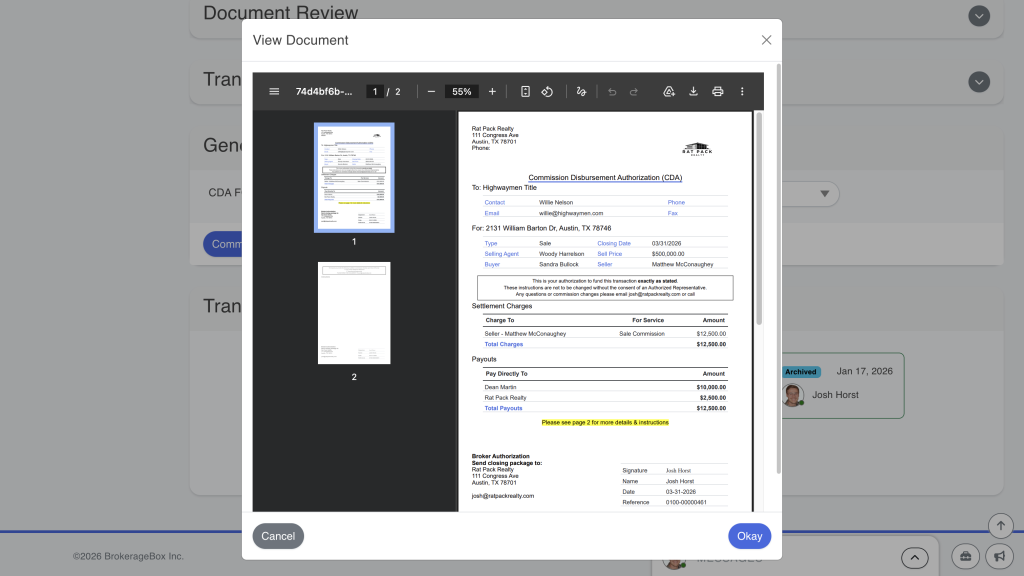 viewing commission disbursement authorization (CDA) in a BrokerageBox transaction