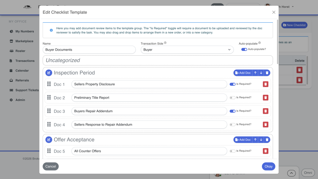 Editing document review checklist on BrokerageBox