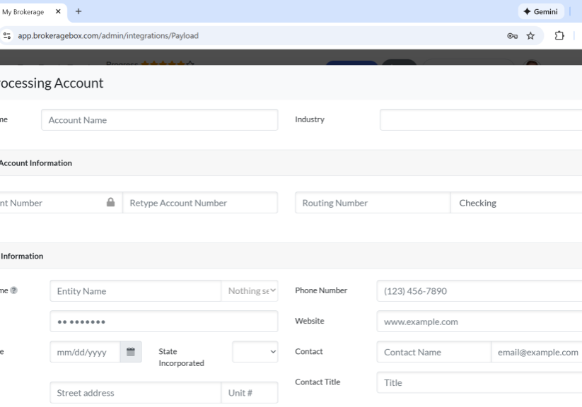 Bank account form for direct deposits on BrokerageBox platform