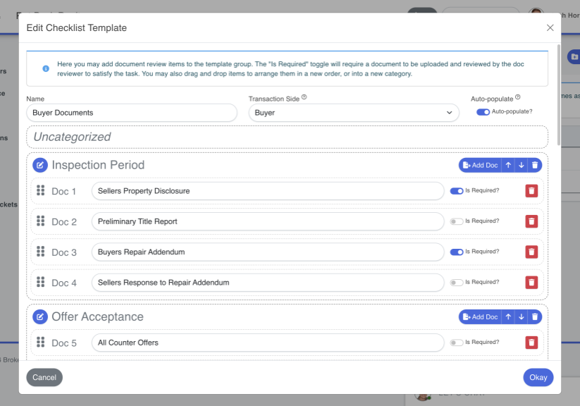 Editing document review checklist on BrokerageBox