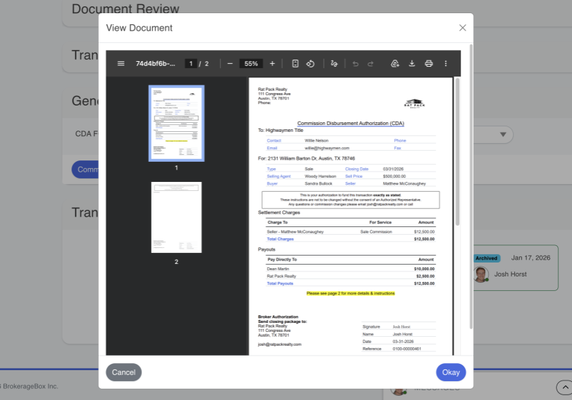 viewing commission disbursement authorization (CDA) in a BrokerageBox transaction