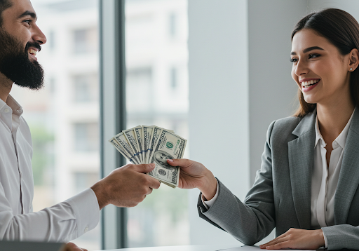 Handing person cash representing how to pay commissions to real estate agents